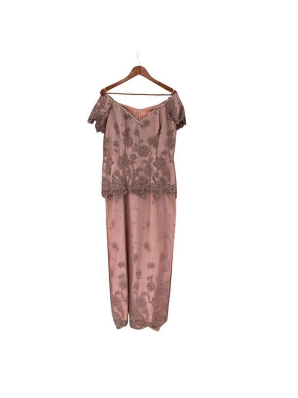 Vintage Rose Taft Couture Beaded Gown Dusty Rose Off Shoulder Formal Dress USA - Picture 2 of 14